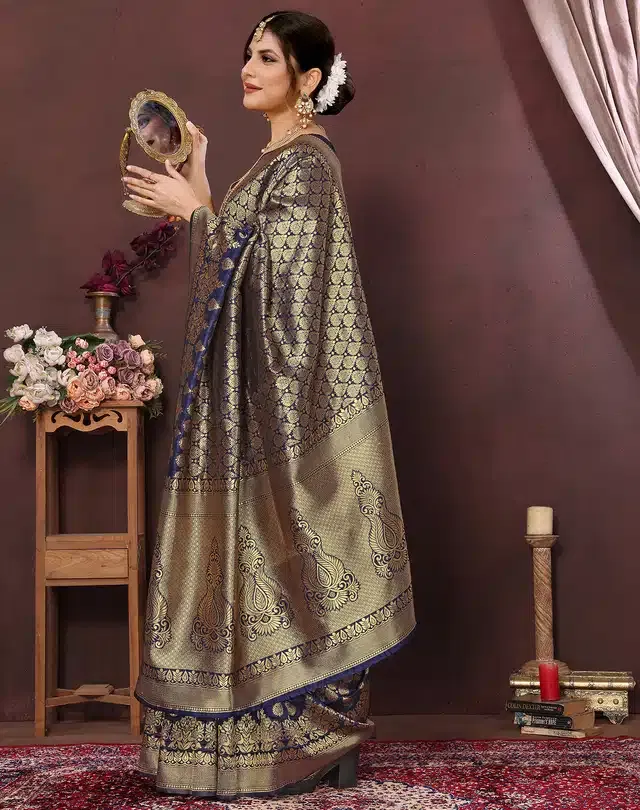 Banarasi Silk Zari Woven Saree for Women (Navy Blue, 6 m)