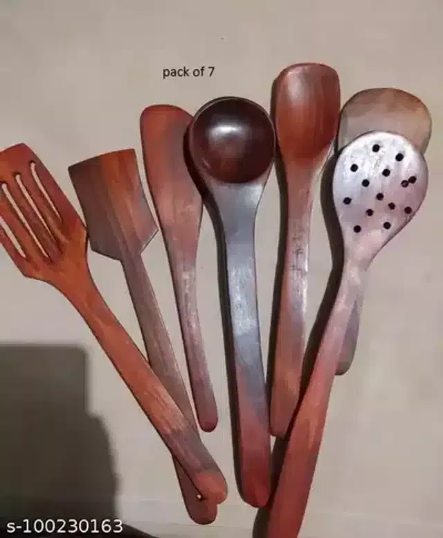 Serving and Cooking Spoon Spatula Set (Brown, Set of 7)