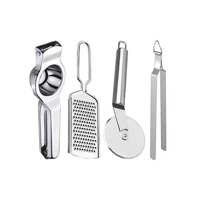 Oc9 Stainless Steel Lemon Squeezer & Cheese Grater & Pizza Cutter & Roti Chimta Kitchen Tool Set (O-55)
