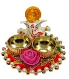 Metal Decorative Ganpati Haldi Kumkum Stand with 2 Roli Chawal Holder, Multicolor