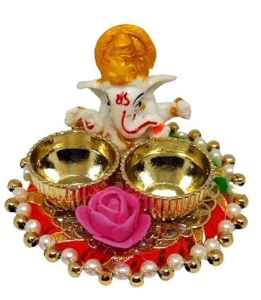 Metal Decorative Ganpati Haldi Kumkum Stand with 2 Roli Chawal Holder, Multicolor
