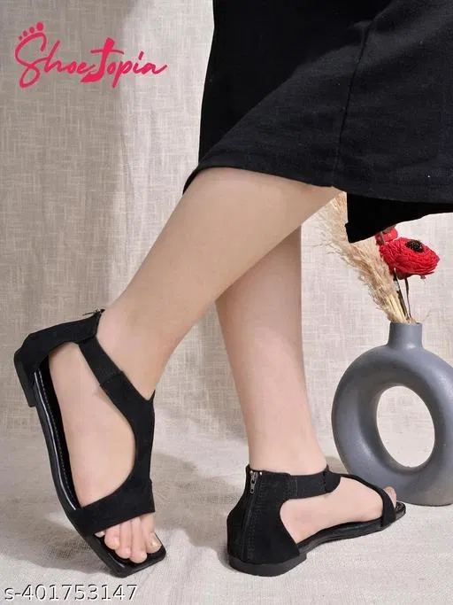 Suede Comfort Flat Sandals for Women (Black, IND-3)
