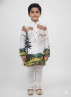Silk Blend Printed Kurta & Paints Set for Boys , Cream 