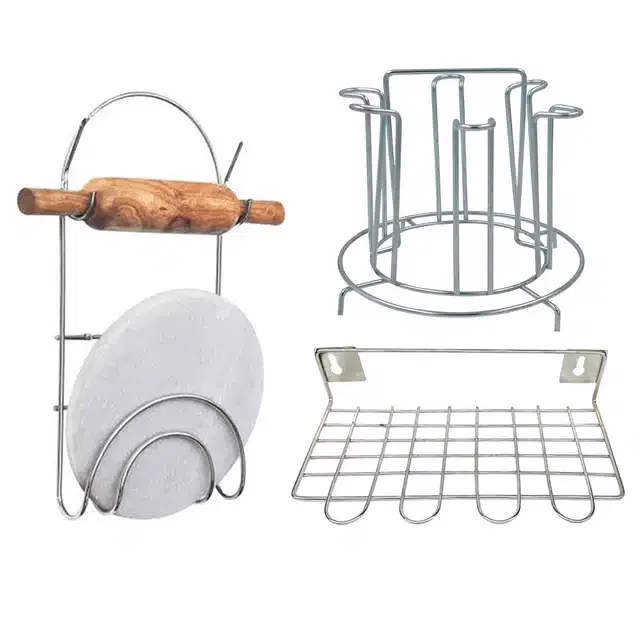 Stainless Steel Glass Stand & Utensil Holder with Chakla Belan Stand (Set of 3, Silver)