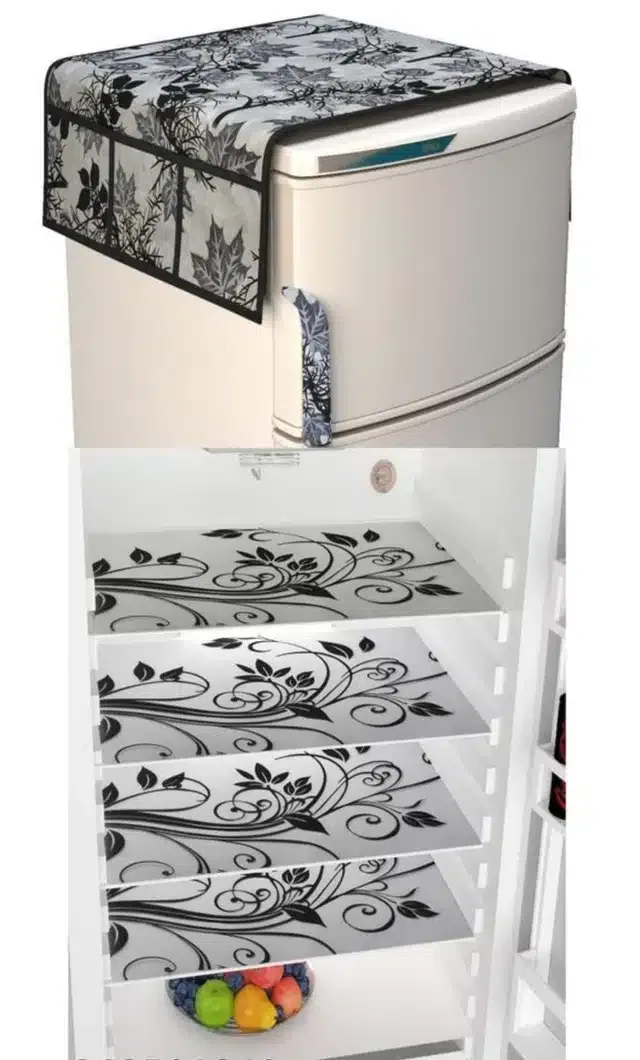 Knit Printed Fridge 4 Pcs Mat with Top Cover (Black, Set of 1)