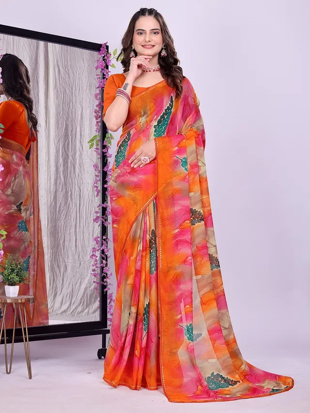 Georgette Printed Saree for Women (Orange, 6.3 m)