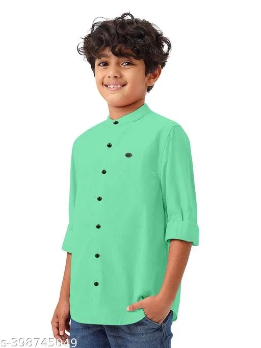 Solid Cotton Blend Mandarin Collar Long Sleeve Shirt for Boys (Mint Green, 10-11 Years)