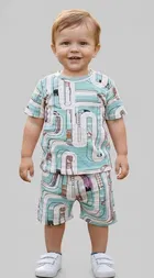 Cotton Blend Geometric Clothing Set for Boys, Aqua Blue 
