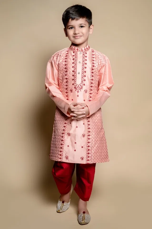 Dupion Silk Embroidery Kurta with Dhoti for Boys, Peach & Red (3-4 Years)