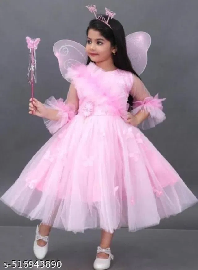 Cotton Blend Solid Dress for Girls (Pink, 10-11 Years)