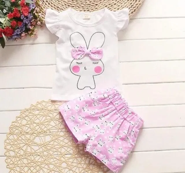 Hosiery Printed T-Shirt with Pant for Kids (White & Pink, 0-6 Months)
