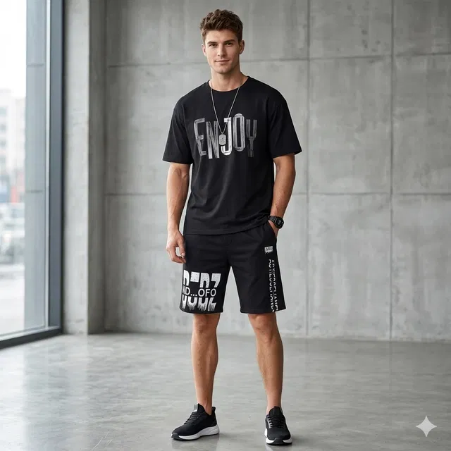 Stylish T Shirt and Shorts Set for Men, Pack of 2 (Black, XL)