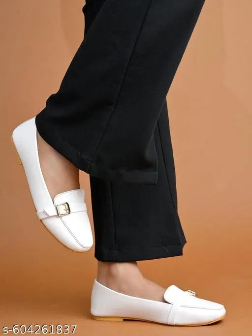 Solid Synthetic Ballerinas for Women (White, IND-5)