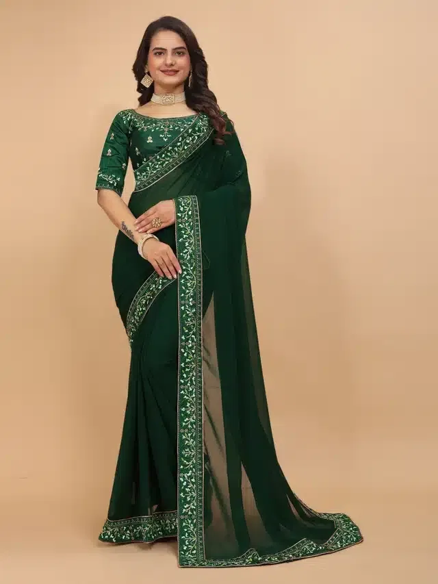 Georgette Embroidered Saree for Women (Green)