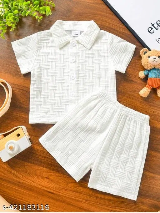 Cotton Blend Shirt and Short Set for Boys (White, 1-2 Years)