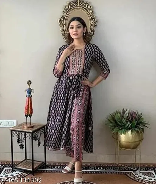 Rayon Printed Kurta with Pant for Women, Multicolor (5XL)