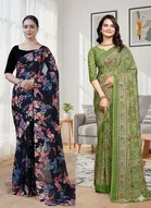 Georgette Printed Saree for Women, Multicolor, Pack of 2 