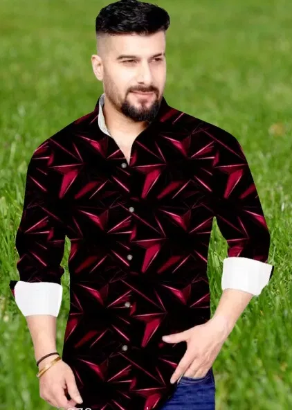 Lycra Printed Shirt For Men, Red (XL)