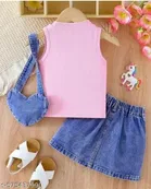 Hosiery Cotton & Denim Printed Clothing Set for Kids, Pink & Blue 