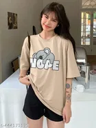 Cotton Blend Printed T-shirt for Women, Beige 