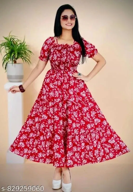 Printed One Piece Dress (Red, M)