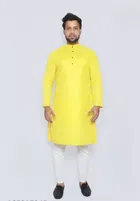 Cotton Blend Solid Kurta Set for Men (Yellow & White, M)