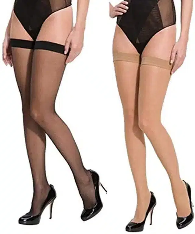 Nylon Exotic Stockings for Women (Black & Beige, Free Size) (Set of 2)