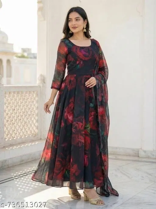 Georgette Printed anarkali Gown for Women ( Black ,XL)