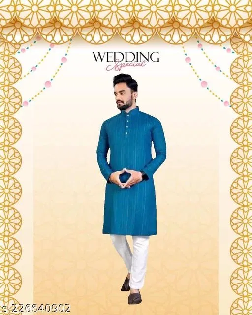 Mandarin Neck Kurta for Men (Blue, M)