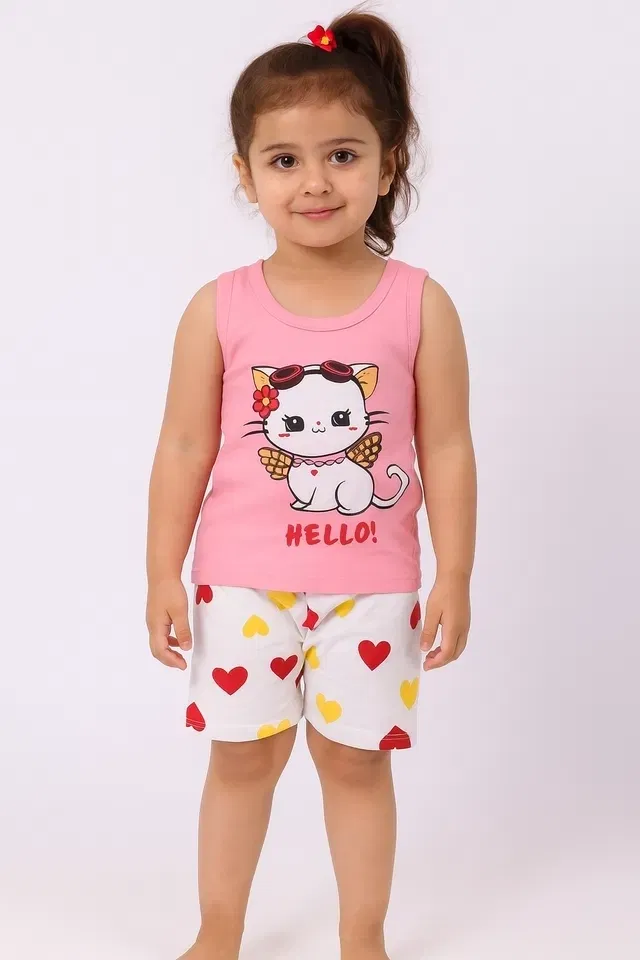 Cotton Blend Printed Clothings Set for Girls (Pink, 4-5 Years)