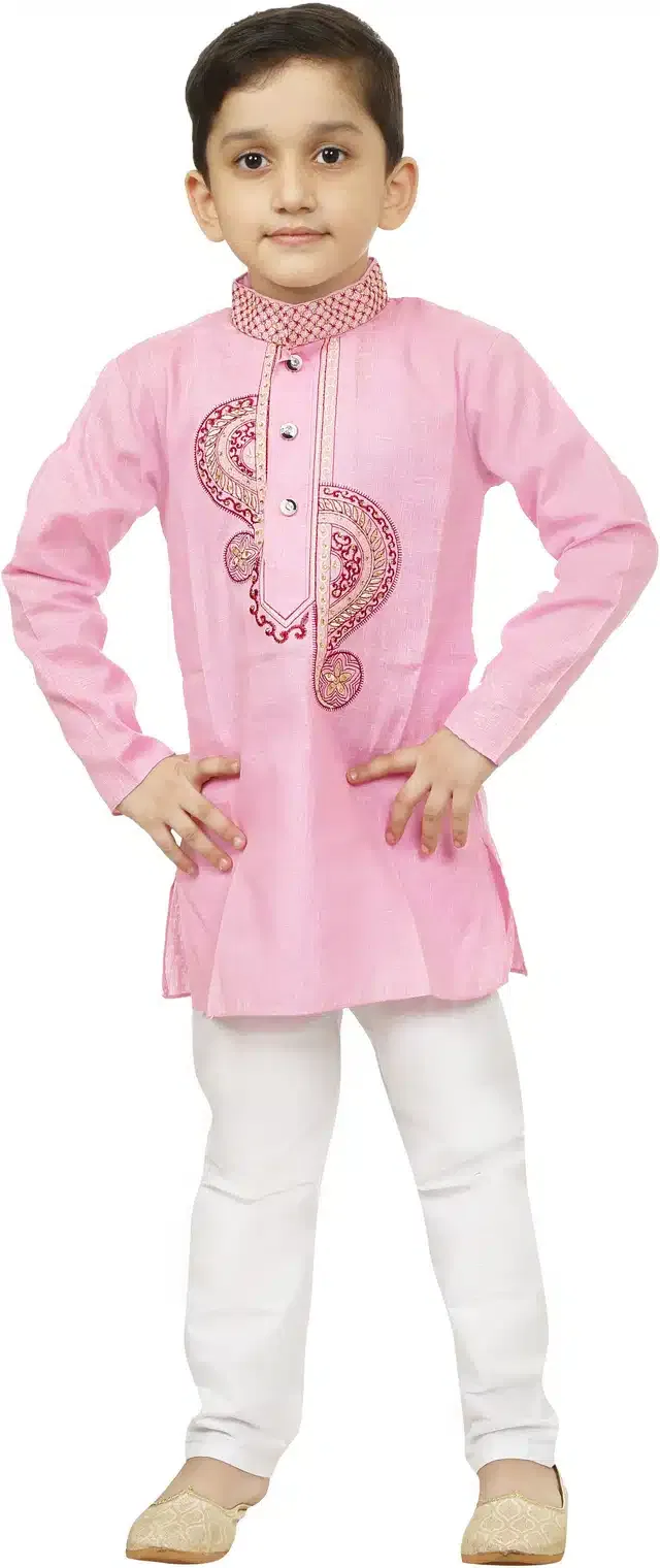 Cotton Embroidery Kurta & Pajama Set for Boys (Pink & White, 5-6 Years)