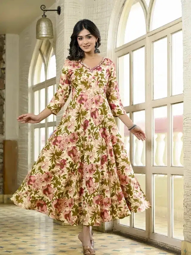 Anarkali Rayon Printed Kurti for Women (Beige, XXL)