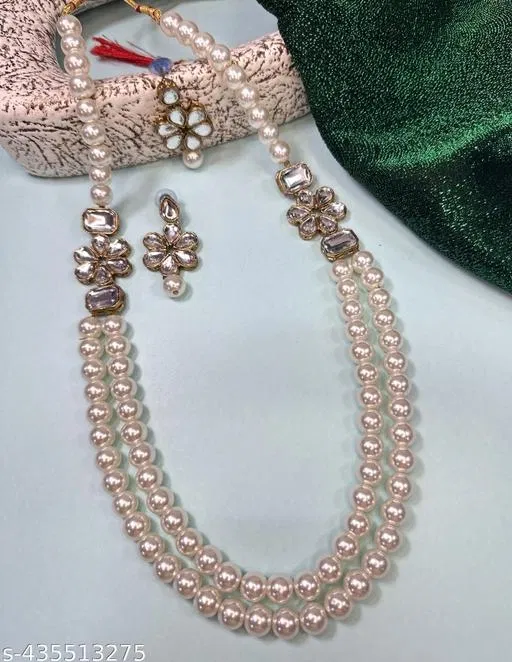 Premium Quality Pearl And Kundan Necklace Set for Women, White