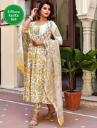 Cotton Blend Printed Anarkali Women's Kurta with Pant & Dupatta Set 