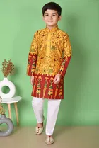 Dupion Silk Printed Kurta with Payjama for Boys, Yellow & White 