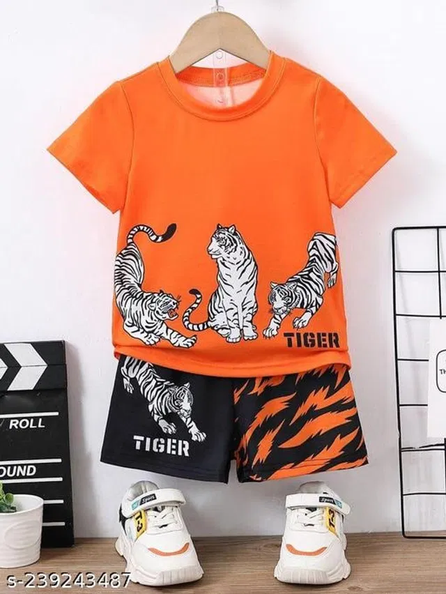 Hosiery Cotton Clothing Set for Boys (Orange & Black, 6-9 Months)