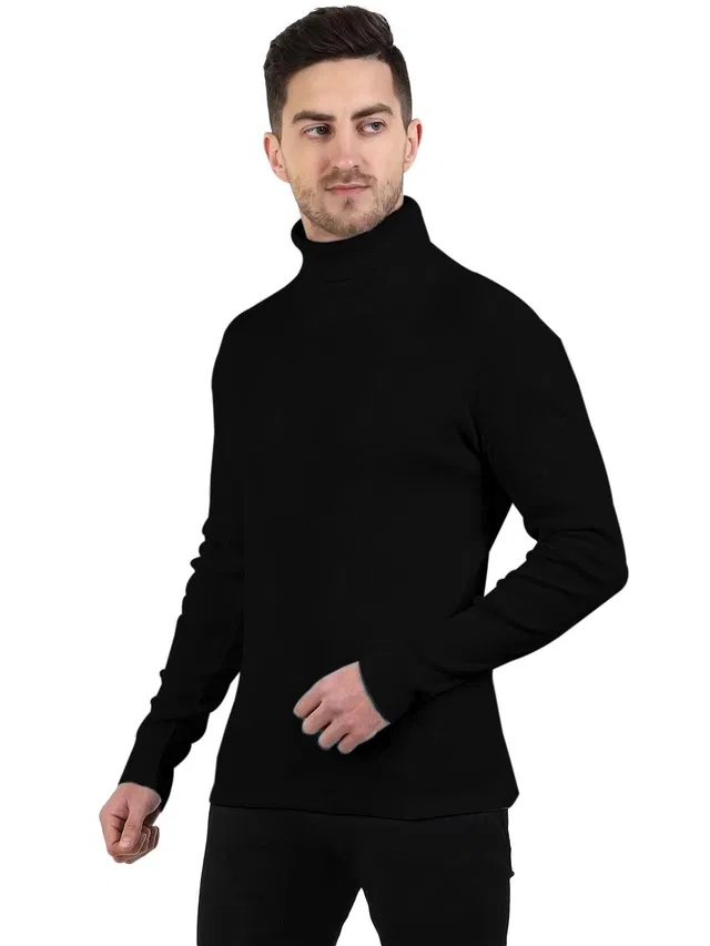 Cotton Blend Solid Hi-Neck Sweater for Men, Black (XL)