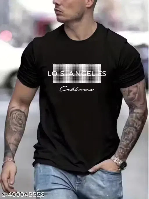 Chest Print Polyester T-Shirt for Men ,Black (M)
