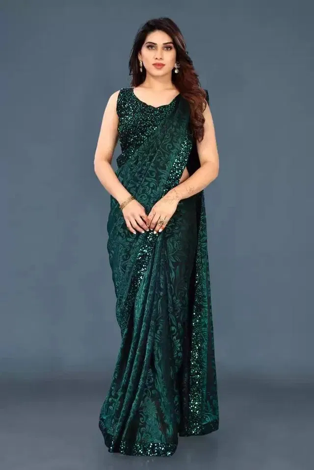 Georgette Printed Saree for Women (Bottle Green, 6.3 m)