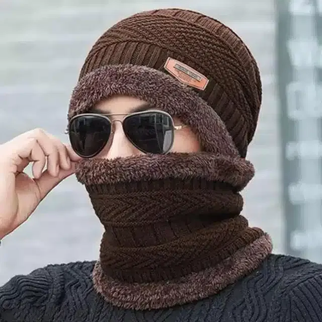 Balaclava Cap with Neck Warmer for Men & Women (Brown, Set of 1)