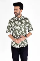 Cotton Blend Printed Shirt for Men, White & Green 