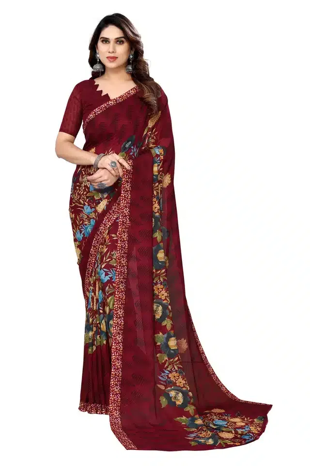 Georgette Printed Saree for Women (Maroon, 6 m)