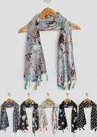 Printed Chiffon Scarves with Tassels for Women, Multicolor, Pack of 6