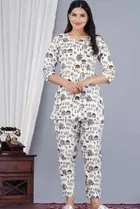 White Women's Printed Cotton Night Suit Set 