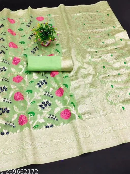Cotton Linen Zari Woven Saree for Women (Green, 6.3 m)
