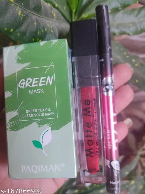 Combo of Liquid Lipstick with 36H Eyeliner & Green Tea Face Mask Stick (Multicolor, Set of 3)