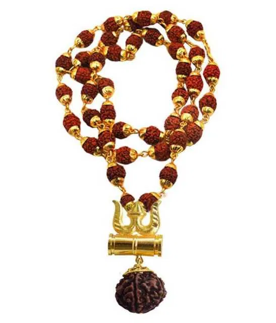 BHARDWAJ RETAILS Bhardwaj Retails Loard Shiv Trishul Damru Locket With Puchmukhi Rudraksha Mala Gold-plated Brass (Assorted) (Pack of 1) (BR59)