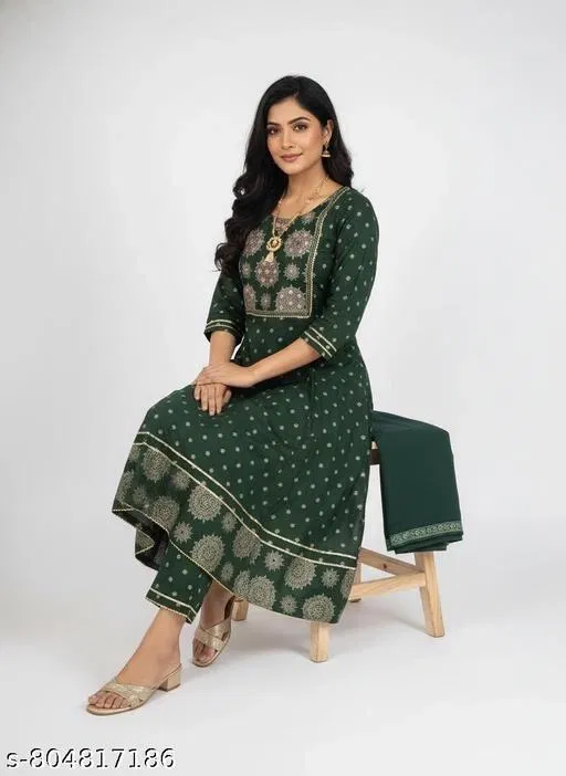 Embroidered Art Silk Gown Kurta Set for Women (Green, L)