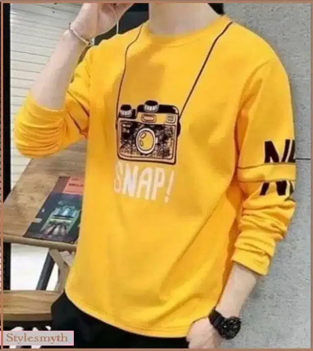 Printed Full Sleeves T-Shirt for Men (Mustard, XL)