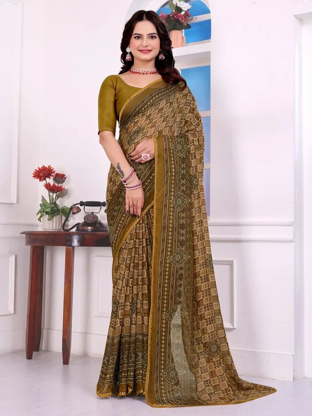 Georgette Printed Saree for Women (Mustard, 6.3 m)
